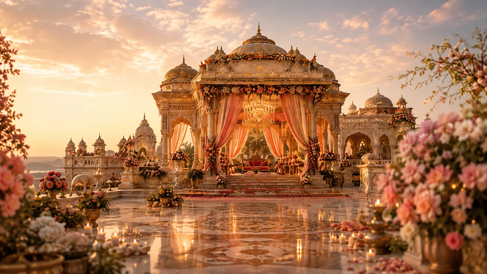 A royal ivory-and-gold wedding pavilion at golden sunset, framed by peach and rose flowers over a reflective marble floor